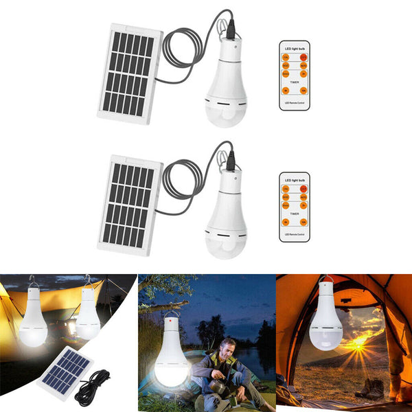 2x 9W Bulb Outdoor Indoor Solar Powered Panel LED Lighting Lights Lantern Hook