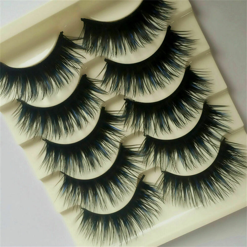 5 Pairs Blue+Black Handmade Long Thick Cross False Eyelashes Makeup Eye Lashes