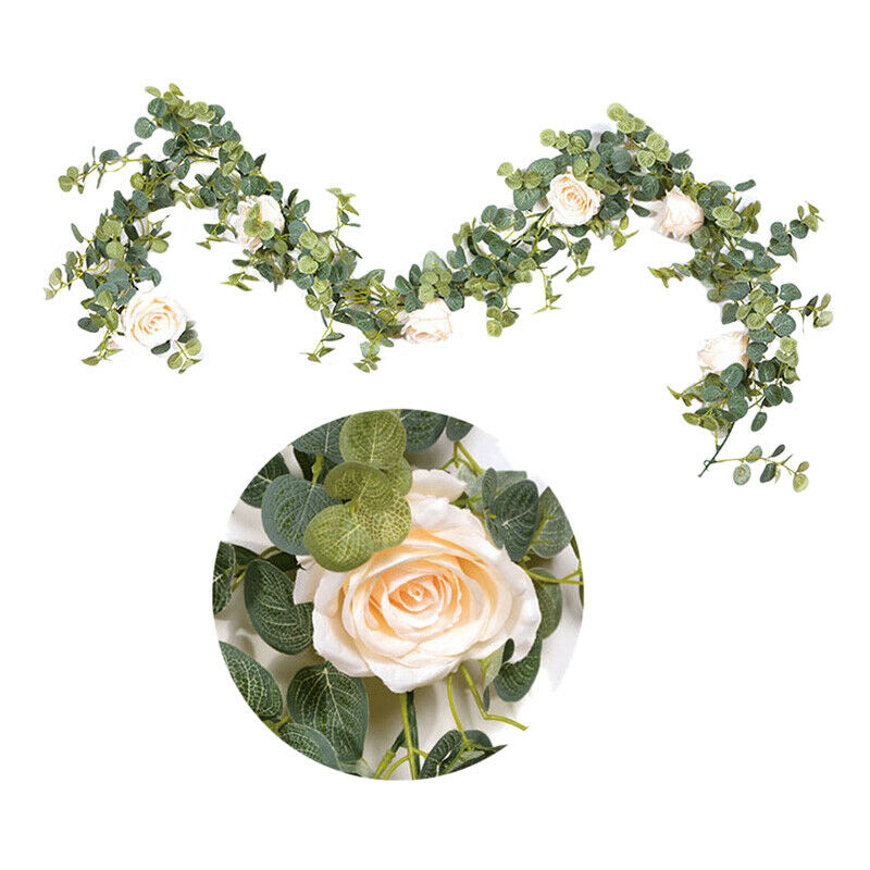 Artificial 1.8M Eucalyptus Garland with Champagne Roses Greenery Garland Eu W6W6