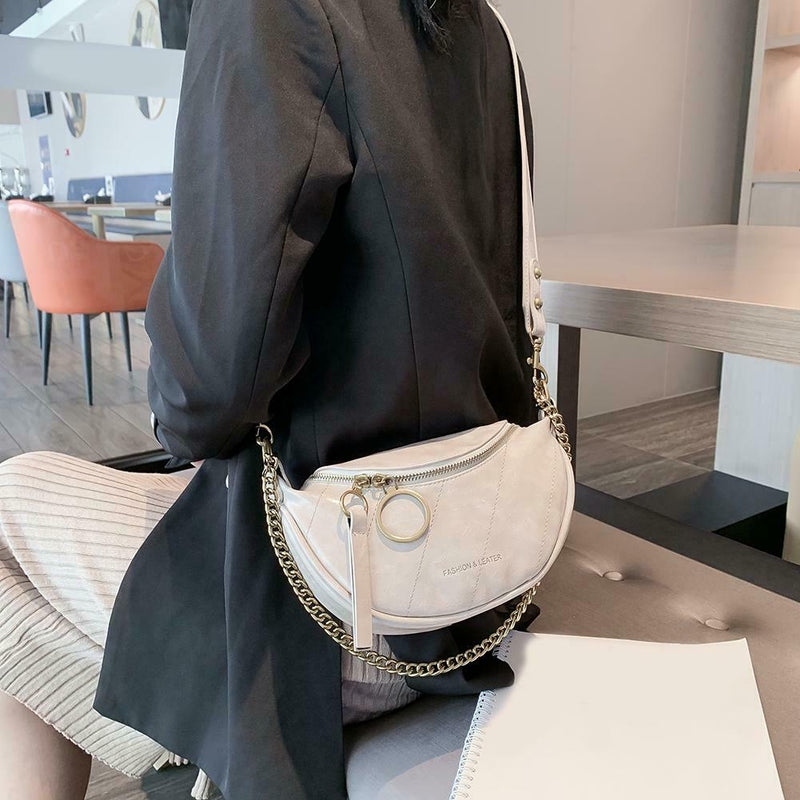 Fashion Leather Crossbody Bags Women Chain Shoulder Travel Handbag (Beige)