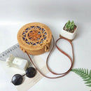 Women Handwoven Rattan Round Bag Shoulder Leather Straps For Outdoor Leisur