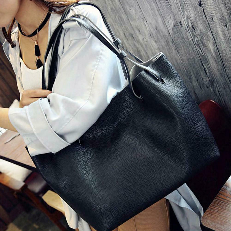 2pcs/set Women Handbag PU Clutch Sling Bag Shoulder Top-handle Bags (Black) A