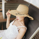 Handmade Weave Letter Sun Hats For Women Black Ribbon Lace Up Large Brim St