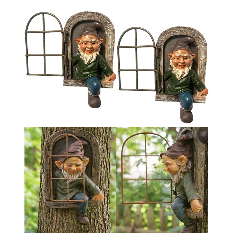2pc Elf Out The Door Tree Hugger Garden Peeker Yard Art Whimsical Tree Sculpture