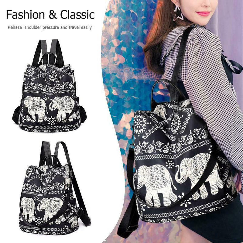 Multifunction Anti-Theft Backpack Oxford Print Lady Shoulder Bag (Elephant)