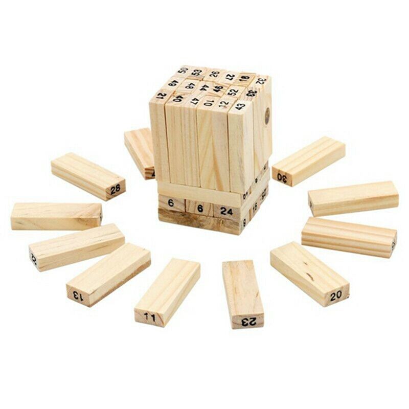 54 Pieces Wooden Block Stacking Game with Numbers and Dice E2J2