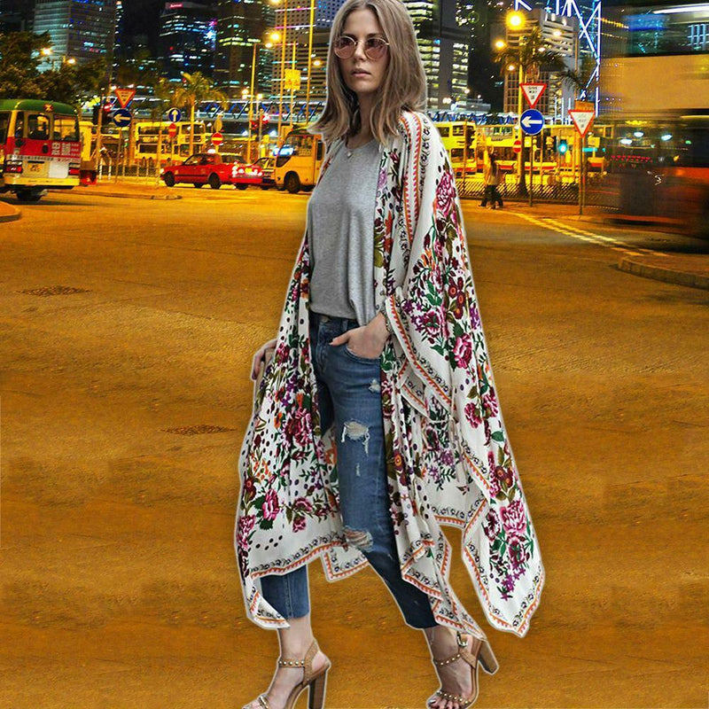 Women Chiffon Kimono Cardigan Floral Print Asymmetric Boho Loose Outerwear