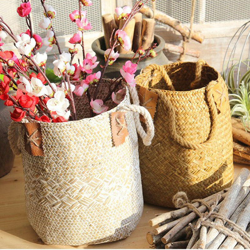 Folding Seagrass Basket - Planter Holder With Handle Laundry Basket White L