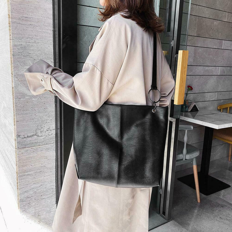 Women Leather Shoulder Crossbody Bag Large Capacity Travel Handbag (Black)