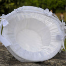 White Satin Lace Wedding Ceremony Flower Girl Basket Bowknot Rhinestone Decor