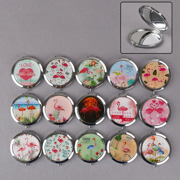 Women makeup compact pocket flamingo mirrors portable double-side folding mirrJR
