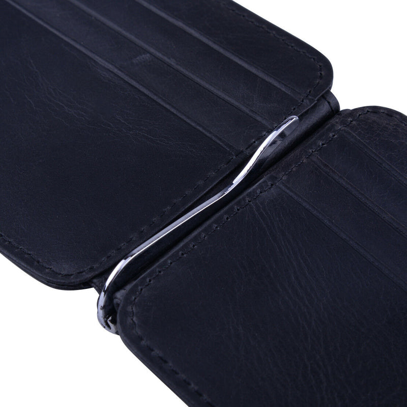 Black Men's Leather Wallet Cowhide Money Clip Credit Card Holder Purse