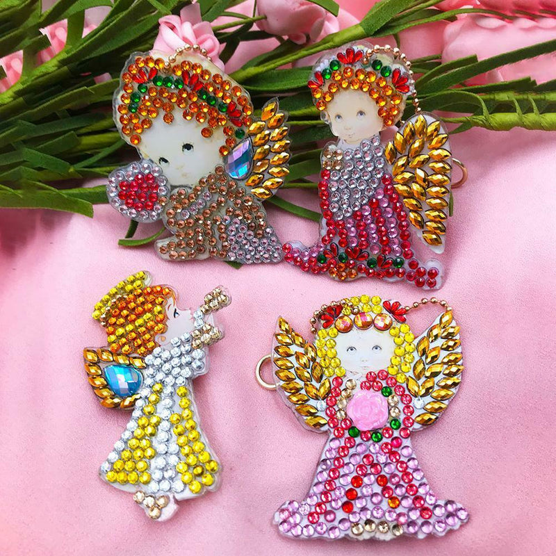 4pcs DIY Full Drill Diamond Paintng Girl Angle Style Special Shape Keychain Gift