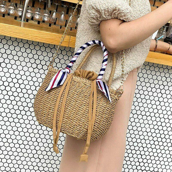 Women's Beach Handbag Straw Shoulder Bag with Handles and Silk Ribbon Bucke H5I5