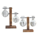 Set of 2 Decorative Clear Glass Planter Bulb Vases with Wood Holder Stand & Vase