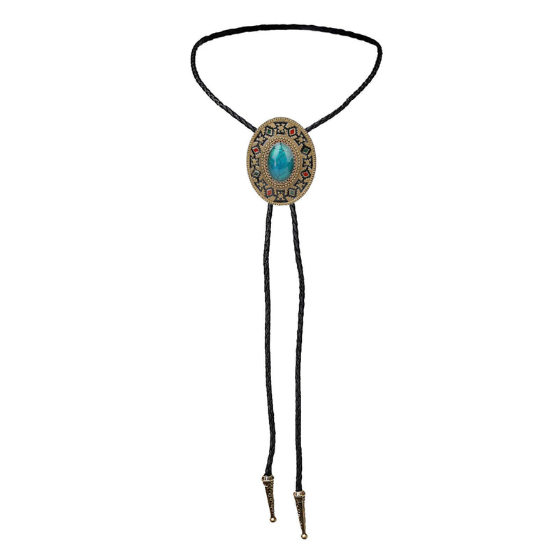 Men Bolo Tie Necklace Turquoise Stone Western Cowboy PU Leather Rope Necktie