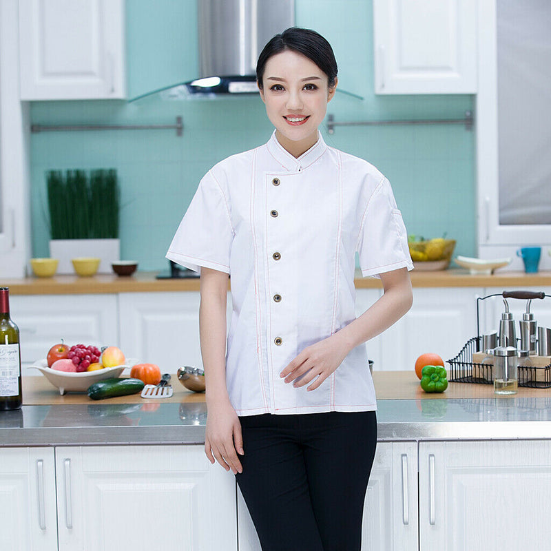 Unisex Denim Chef Jacket Coat Short Sleeves Shirt Kitchen Uniform Blue M