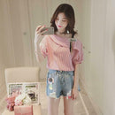 Fashion Women Short Sleeve Stripe Off Shoulder Loose T-Shirts Tops (Pink L)