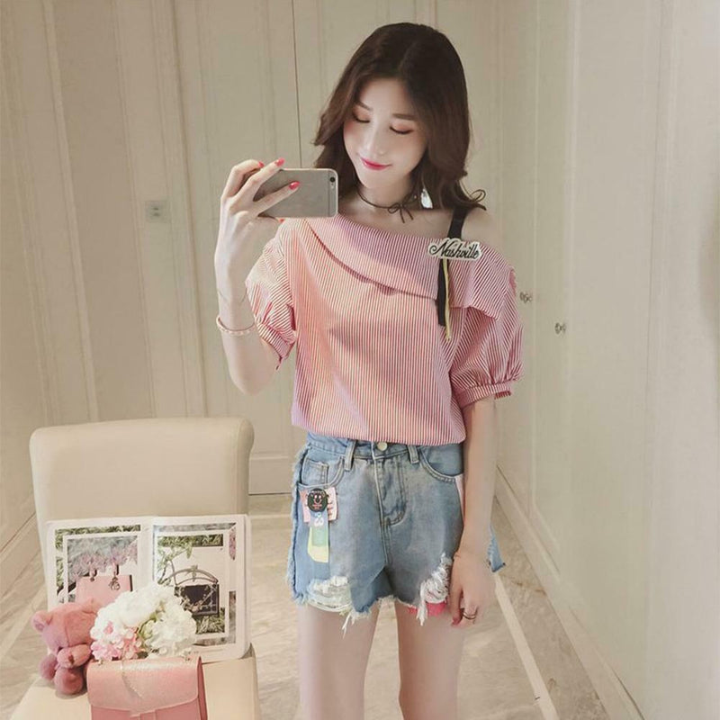 Fashion Women Short Sleeve Stripe Off Shoulder Loose T-Shirts Tops (Pink L)