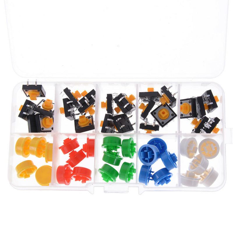25Pcs Tactile Push Button Switch Momentary Tact & Cap 12X12X7.3Mm Kit Arduino Gn