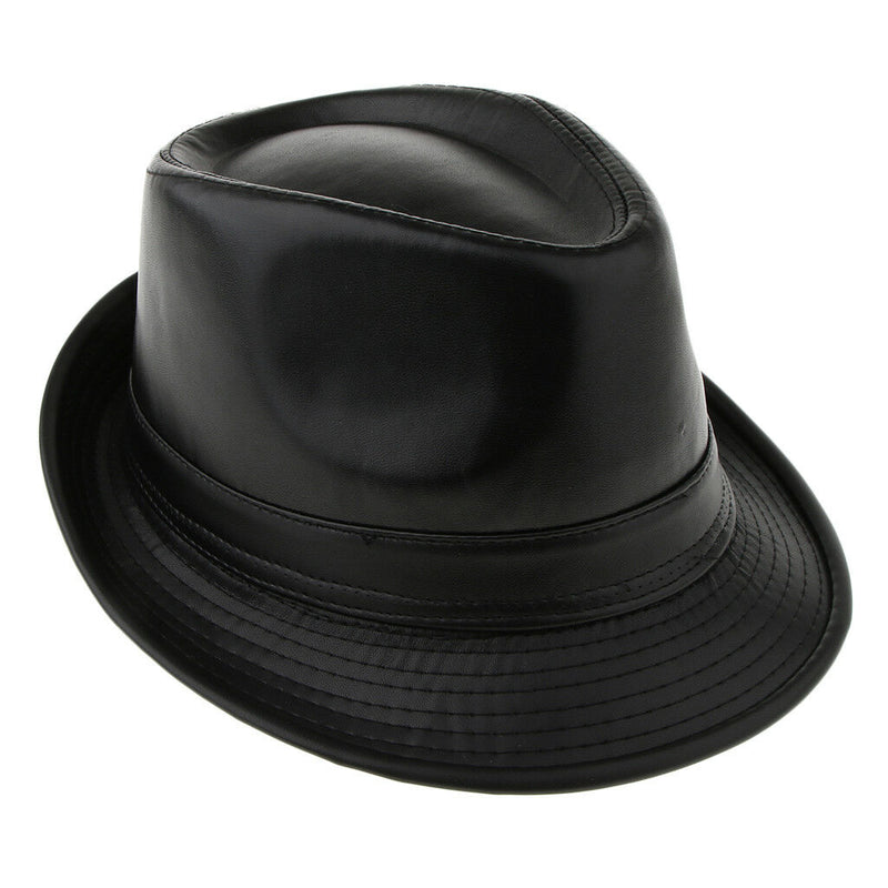 Unisex Retro Faux Leather Pork Pie Hat Classic Gentleman Flat Top Fedora Cap