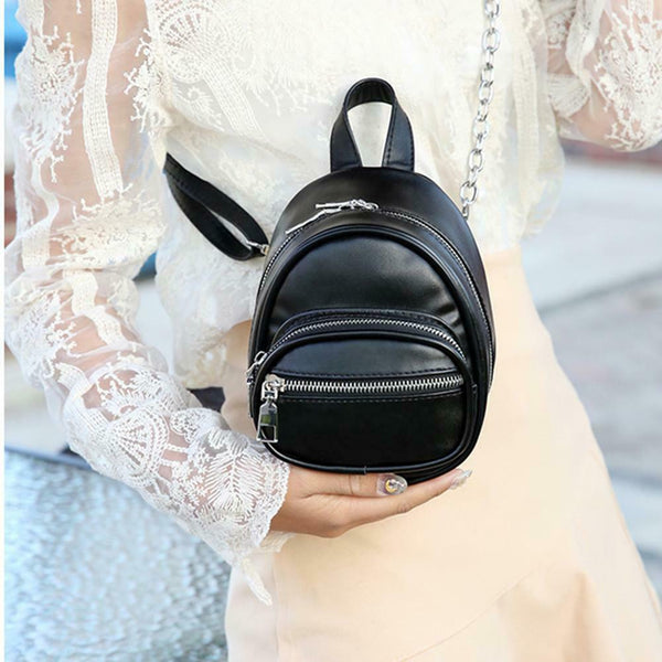 Women Solid Backpack Leather Shoulder Strap Chain Zipper Messenger Knapsack