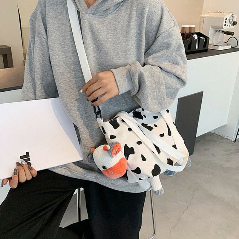 Fashion Women Cow Print Shoulder Bags Canvas Pendant Handbags Casual Totes