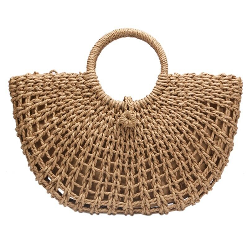 Straw Bag Paper Rope Round Bucket Hollow Woven Bag Retro Casual Belt Buckle H2S1