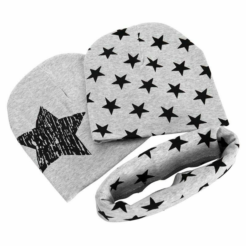 Kids Boys Girls 3Pcs Set Stars Prints O-Ring Scarf Neckerchief+Cute Beanies V5D5