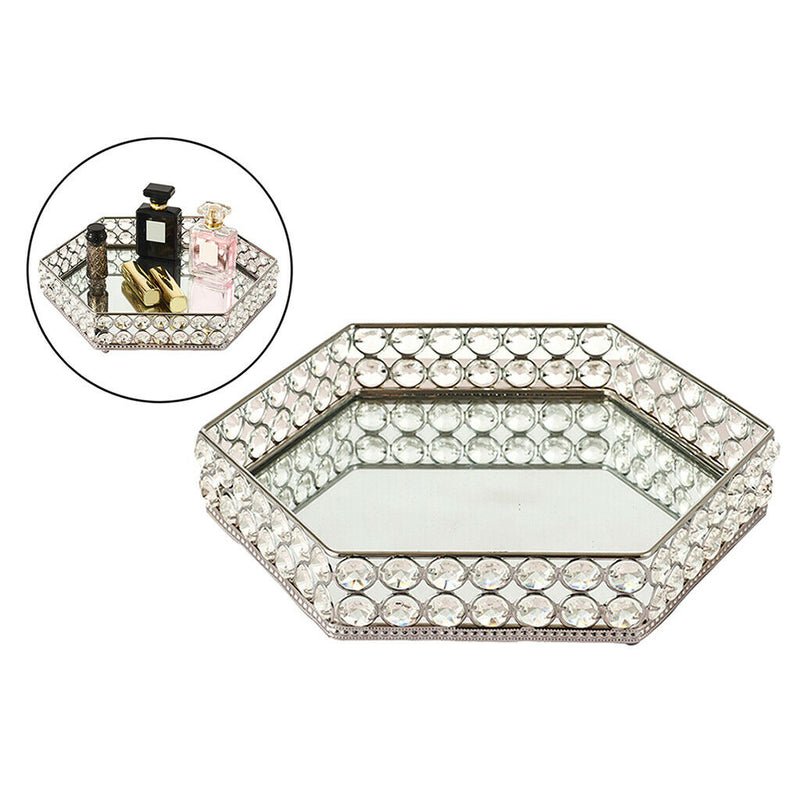1pc Hex Mirrored Crystal Vanity Tray Cosmetic Home Bedroom Decor Dresser