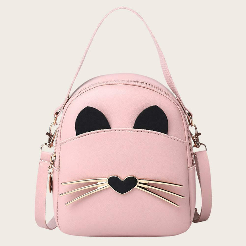 Women PU Leather Crossbody Messenger Bag Cute Cat Shoulder Backpack (Pink)