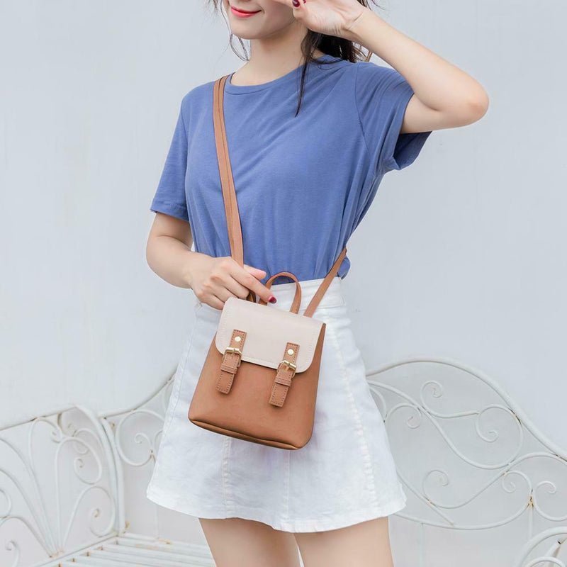 Mini PU Leather Women Shoulder Bags Flap Backpack Lady School Bags (Brown)