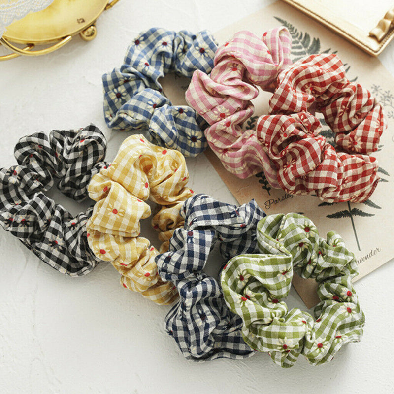 6Pc Daisy Hair Band Scrunchies Art Plaid Elastic Bobble For Ponytail Girls Women