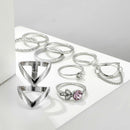 9pcs Geometric Rhinestone Flower Knuckle Ring for Women Streetwear Jewelry A