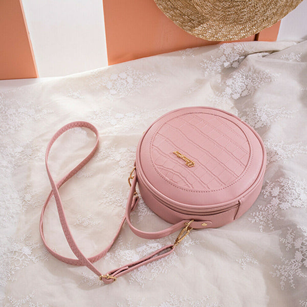 Women Round Shoulder Bag Alligator PU Circle Zip Crossbody Handbag (Pink)