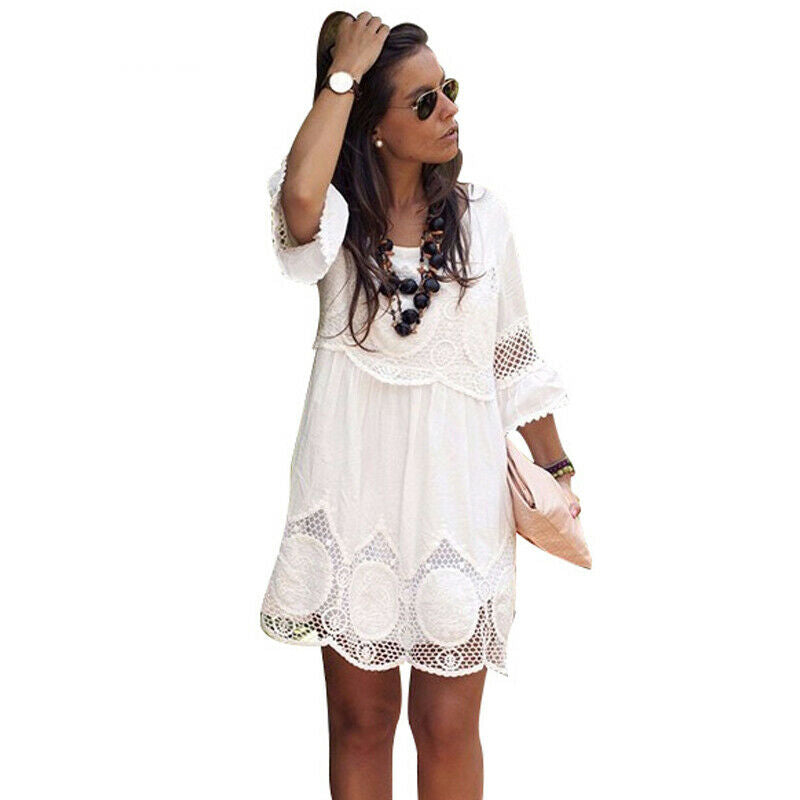 Women Dress Fashion Half Sleeve Loose Lace Dress White O-neck Women Dress P N3T8