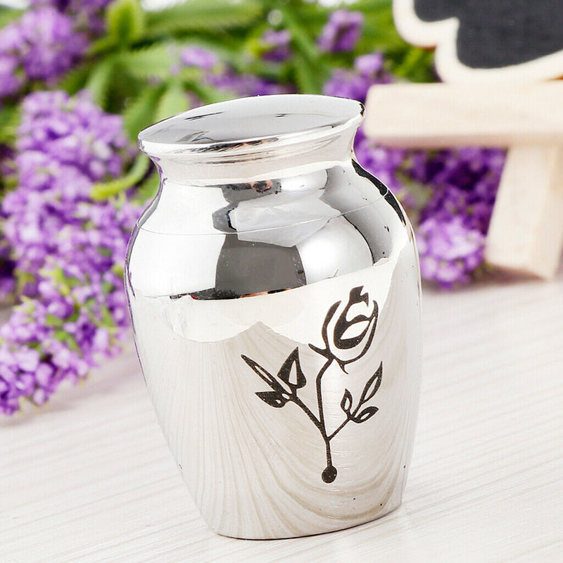 Stainless Steel Polished Urn Funeral Cremation Container Rose Flower Pattern