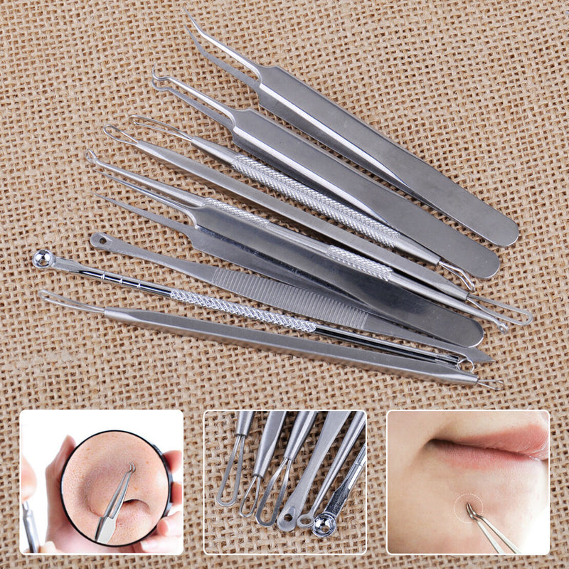 9x Stainless Steel Blackhead Comedone Pimple Blemish Extractor Remover Tool Set