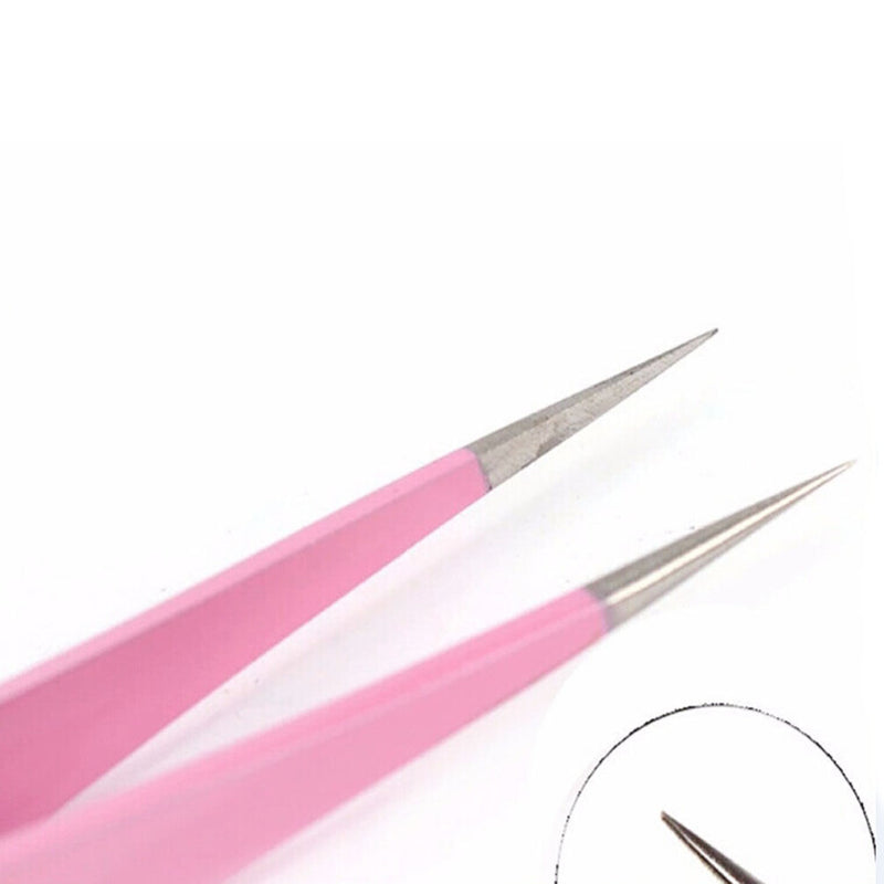 Steel Pink Btraight + Bend Tweezer for Eyelash Extensions Nail Art Nippers3C