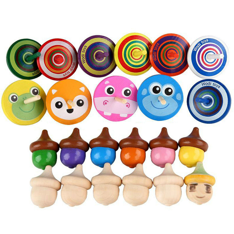 15x Wooden Spinning Top Montessori Intelligence Development Toys Multicolor