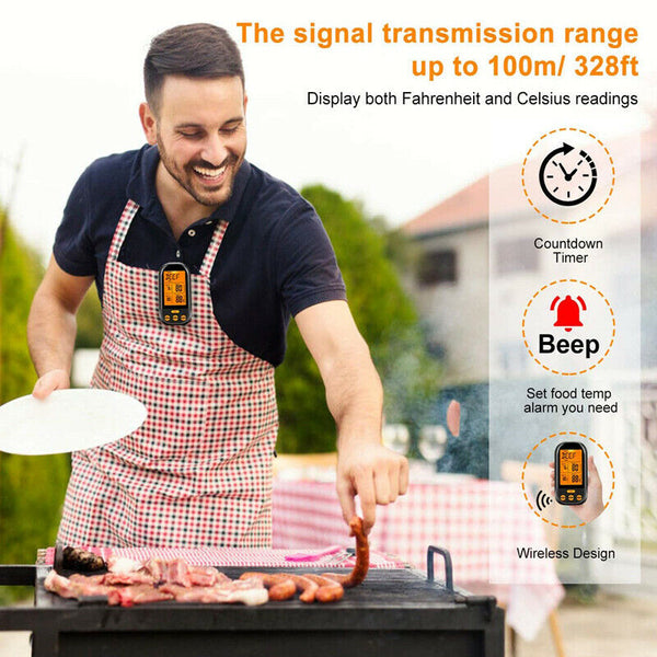 Wireless Remote Dual Probe Digital Meat Thermometer w/2 Probe For BBQ Oven Grill