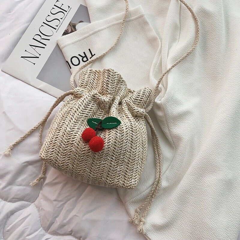 Straw Bag Ladies Beach Bag Personality Messenger Bag Drawstring Cherry Lady W6E6