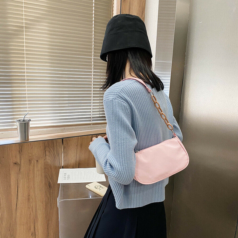 Women Casual Handbag Simple Nylon Daily Female Totes Shoulder Bags (Pink) A