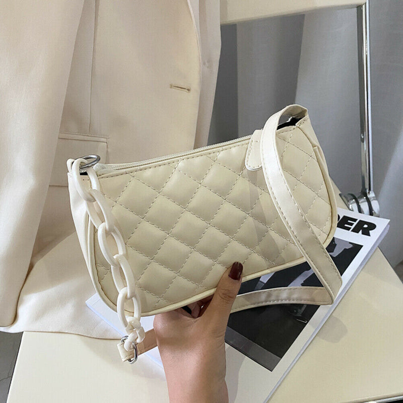 Fashion Lattice Pattern Women Handbag Chain Shoulder Underarm Bag (White)
