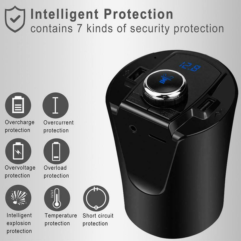 2 USB Cup Car Phone Charger Handsfree Call Bluetooth 4.2 MP3 FM Music Adapter