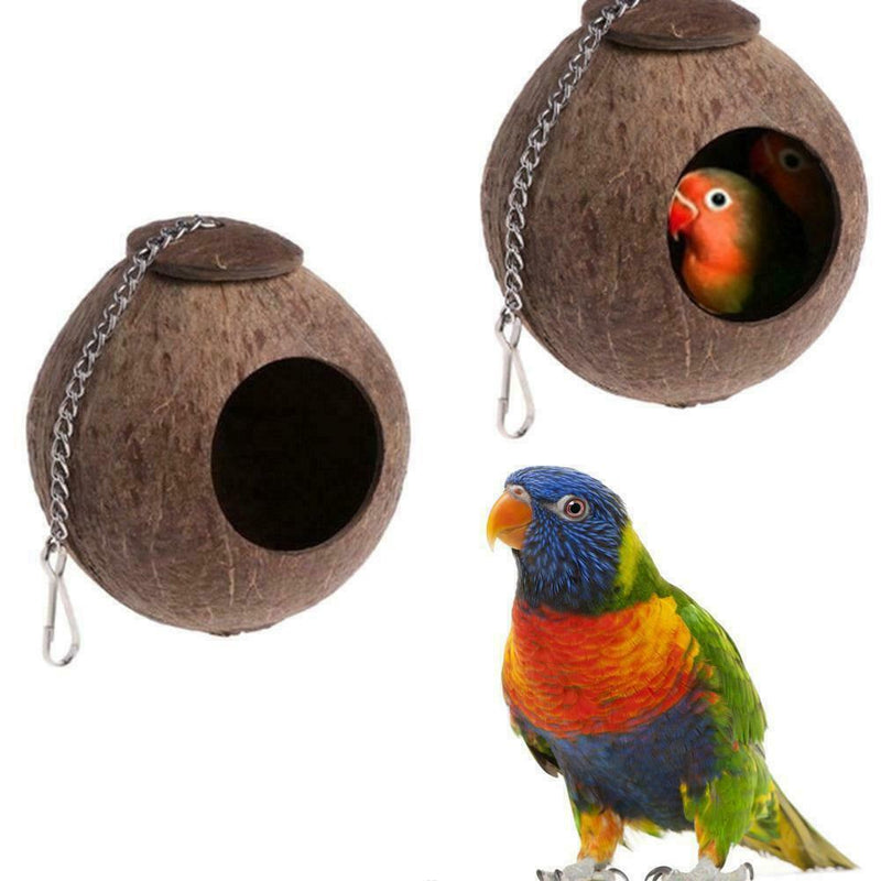 1xNatural Coconut Shell Bird Nest House Hut Cage Feeder Pet Parrot Parakeet E7J9