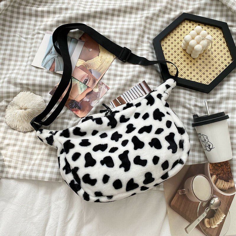 Women Plush Cow Printed Chest Bag Casual Street Crossbody Shoulder Pack (1)