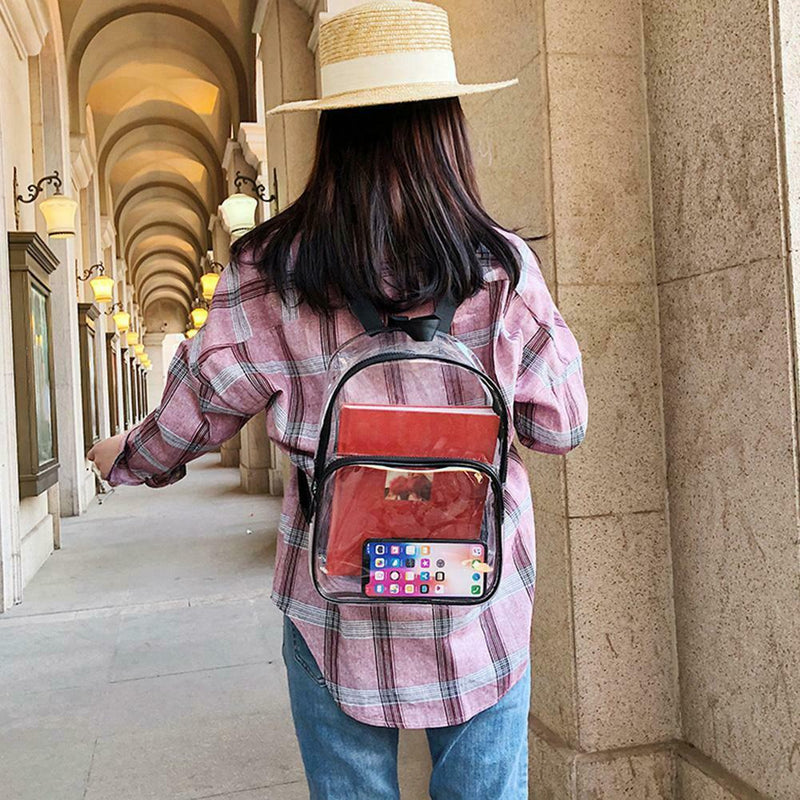 Transparent PVC Backpacks Women Clear School Knapsack Shoulder Bags (Black)