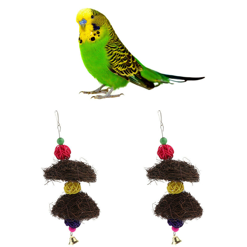 2 x Hanging Parrot Chewing Toys with A Bell - Multicolored Rattan Blocks Tearing