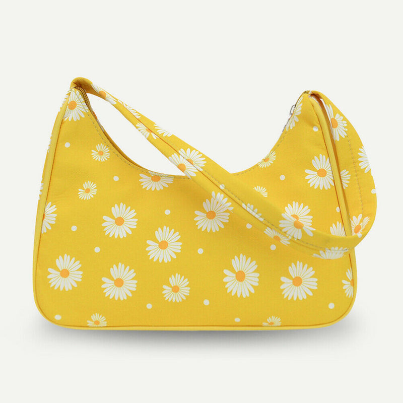 Women Flower Daisy Handbag Nylon Casual Underarm Shoulder Tote Bag (Yellow)